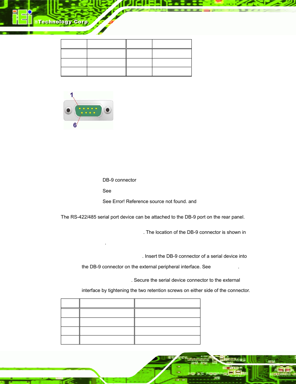 7 rs-422/485 serial port connector, Figure 3-14: rs-232 serial port pinout location, Table 3-5: rs-232 serial port pinouts | See table 3-5 and figure 3-14 | IEI Integration TANK-101B-D525_N455 v1.02 User Manual | Page 37 / 119