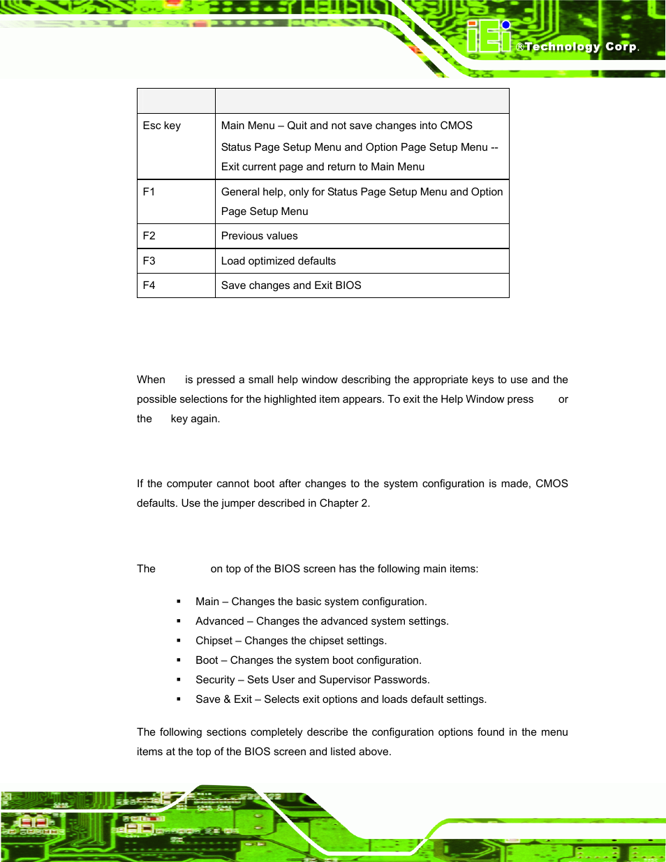 3 getting help, 4 unable to reboot after configuration changes, 5 bios menu bar | Table 4-1: bios navigation keys | IEI Integration TANK-101B-D525_N455 v1.02 User Manual | Page 44 / 119