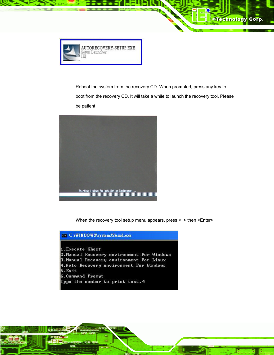 Figure a-22: auto recovery utility, Figure a-23: launching the recovery tool, Figure a-24: auto recovery environment for windows | IEI Integration TANK-101B-D525_N455 v1.02 User Manual | Page 88 / 119