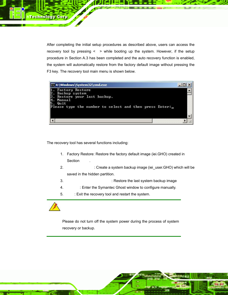 A.5 recovery tool functions, Ecovery, Unctions | Figure a-33: recovery tool main menu | IEI Integration TANK-101B-D525_N455 v1.02 User Manual | Page 95 / 119