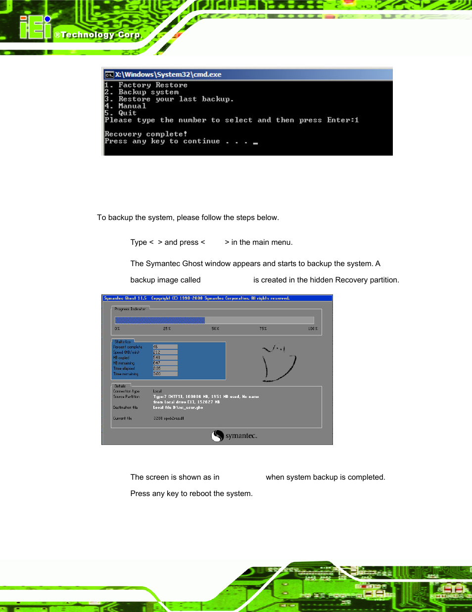 A.5.2 backup system, Figure a-35: recovery complete window, Figure a-36: backup system | IEI Integration TANK-101B-D525_N455 v1.02 User Manual | Page 97 / 119