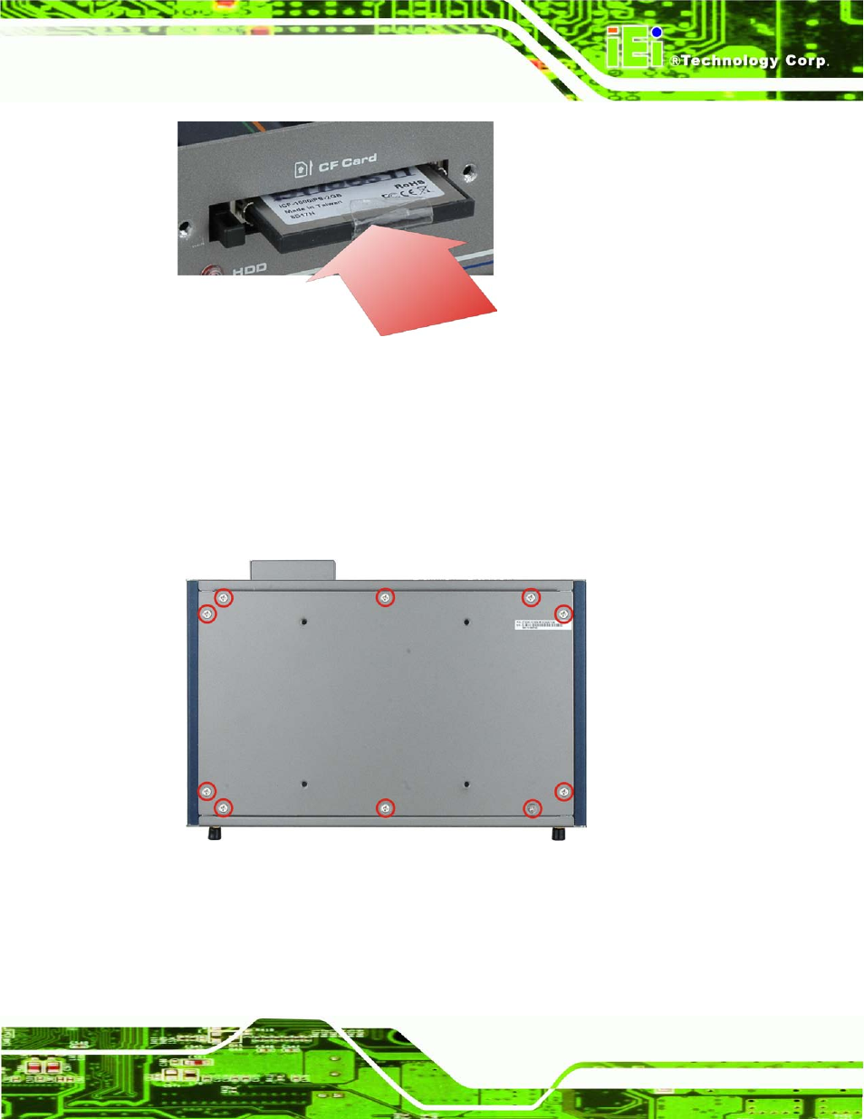 3 hard disk drive (hdd) installation, Rive, Hdd) | Nstallation, Figure 3-2: cf card installation, Figure 3-3: bottom panel retention screws, 3 ha rd dis k drive (hdd) in s ta lla tio n | IEI Integration TANK-101B-D525_N455 v1.00 User Manual | Page 25 / 118