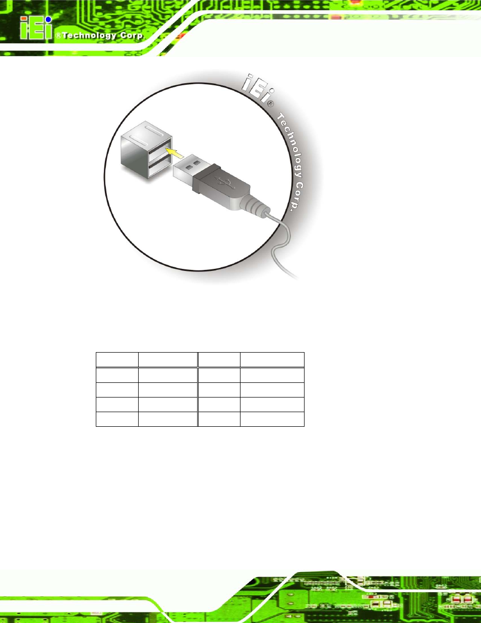 9 vga connector, Figure 3-16: usb device connection, Table 3-7: usb port pinouts | Ee table 3-7, Ee figure 3-16 | IEI Integration TANK-101B-D525_N455 v1.00 User Manual | Page 38 / 118