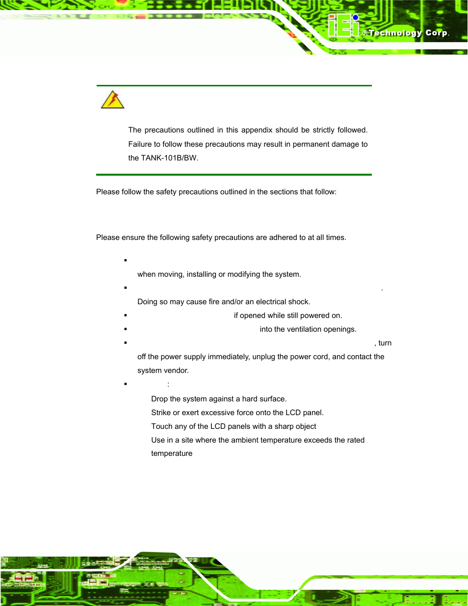 B.1 safety precautions, B.1.1 general safety precautions, Afety | Recautions | IEI Integration TANK-101B-D525_N455 v1.10 User Manual | Page 112 / 119