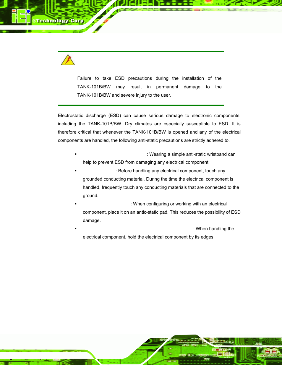 B.1.2 anti-static precautions | IEI Integration TANK-101B-D525_N455 v1.10 User Manual | Page 113 / 119