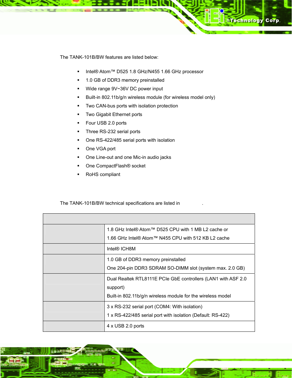 3 features, 4 technical specifications, Eatures | Echnical, Pecifications | IEI Integration TANK-101B-D525_N455 v1.10 User Manual | Page 14 / 119
