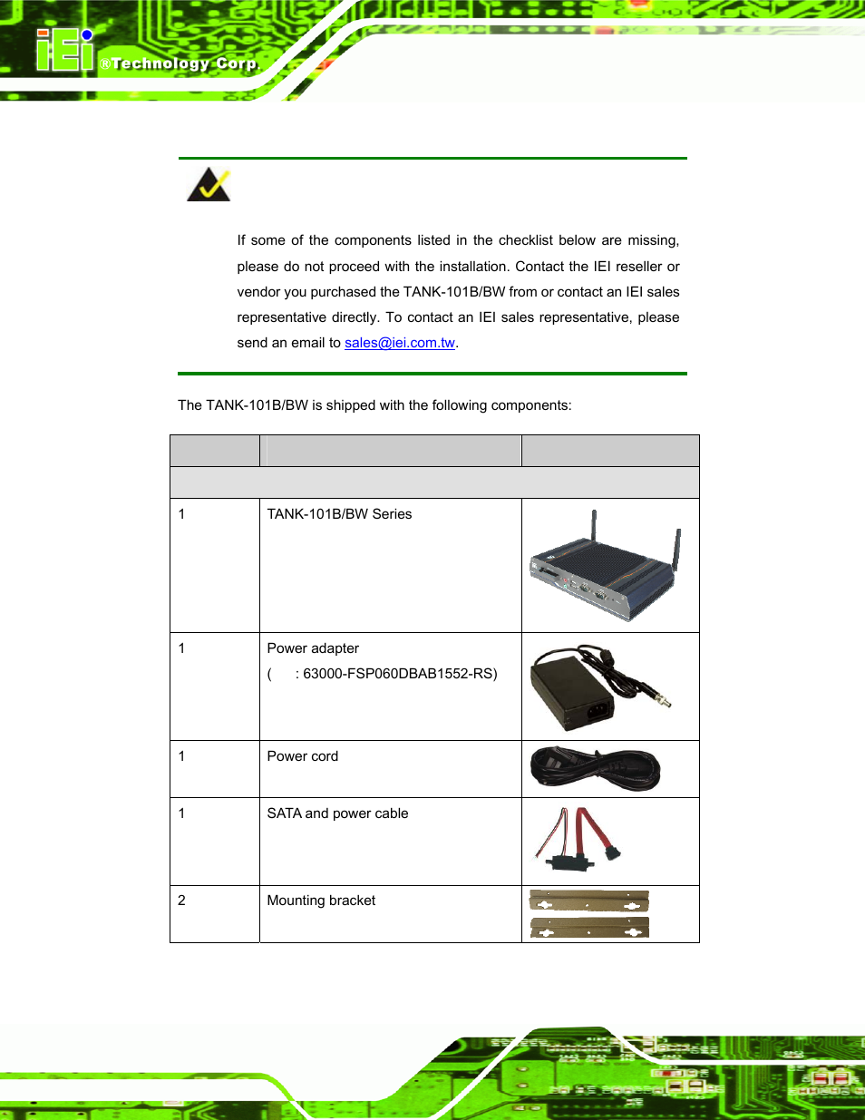 3 unpacking checklist, Npacking, Hecklist | IEI Integration TANK-101B-D525_N455 v1.10 User Manual | Page 21 / 119