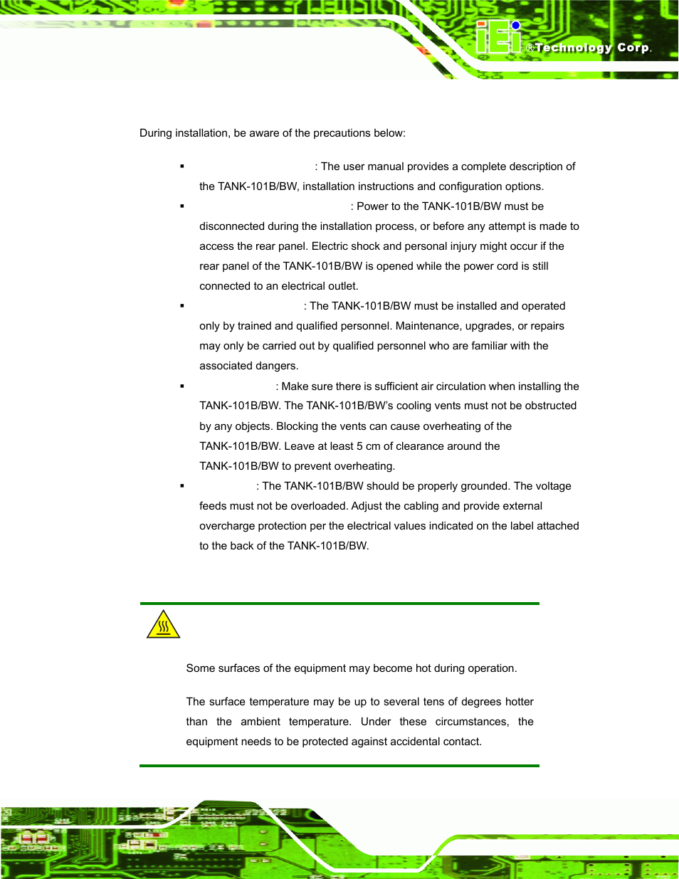 1 installation precautions, 1 high surface temperature, Nstallation | Recautions | IEI Integration TANK-101B-D525_N455 v1.10 User Manual | Page 24 / 119