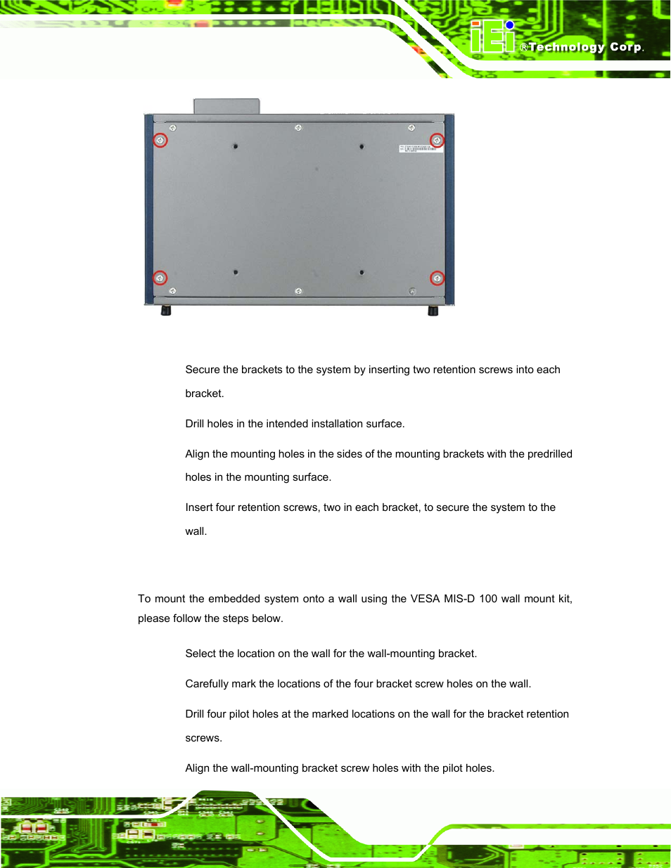 5 mounting the system with wall mount kit, Ounting the, Ystem with | Ount, Figure 3-5: retention screw holes | IEI Integration TANK-101B-D525_N455 v1.10 User Manual | Page 28 / 119