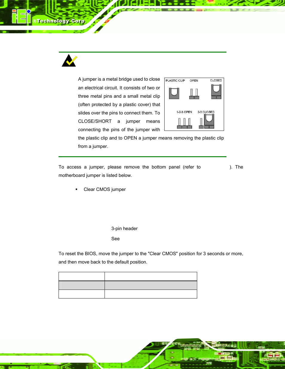 6 jumper settings, 1 clear cmos jumper, Umper | Ettings, Table 3-1: clear cmos jumper settings | IEI Integration TANK-101B-D525_N455 v1.10 User Manual | Page 31 / 119