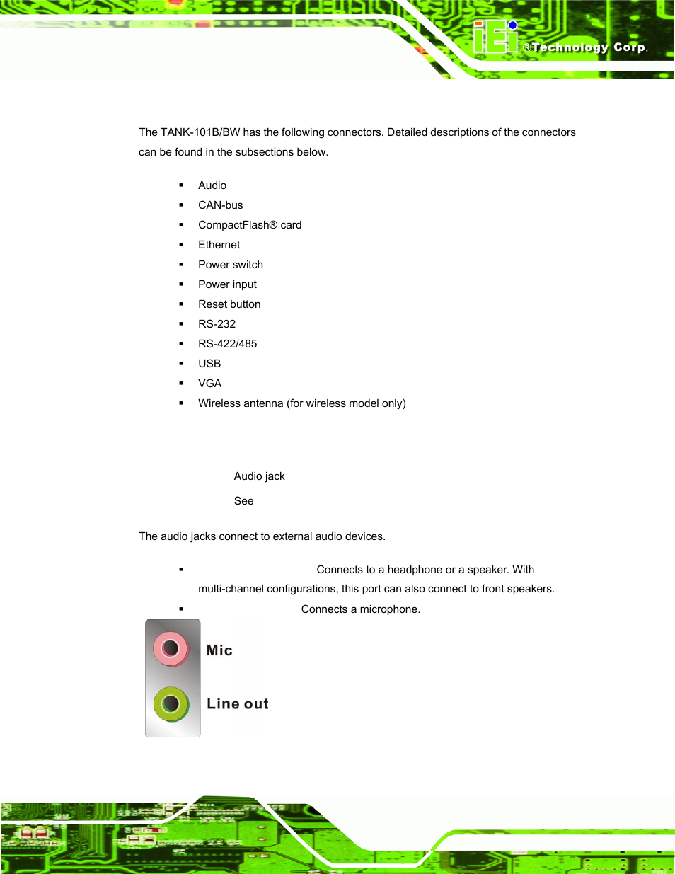 7 external peripheral interface connectors, 1 audio connector, Xternal | Eripheral, Nterface, Onnectors, Figure 3-8: audio connector | IEI Integration TANK-101B-D525_N455 v1.10 User Manual | Page 32 / 119