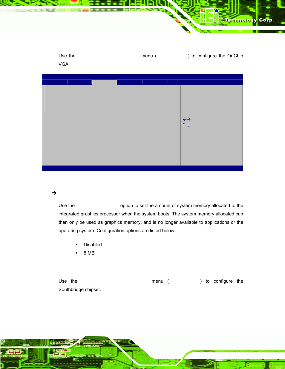 1 onchip vga configuration, 2 south bridge configuration | IEI Integration TANK-101B-D525_N455 v1.10 User Manual | Page 62 / 119