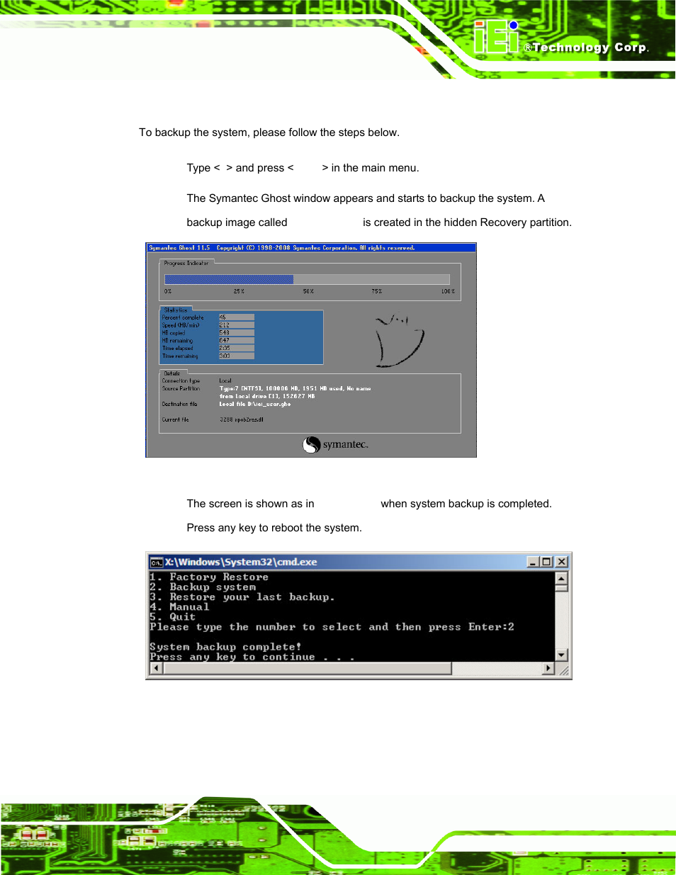 A.4.2 backup system, Figure a-29: backup system, Figure a-30: system backup complete window | IEI Integration TANK-800-D525 v1.00 User Manual | Page 105 / 116