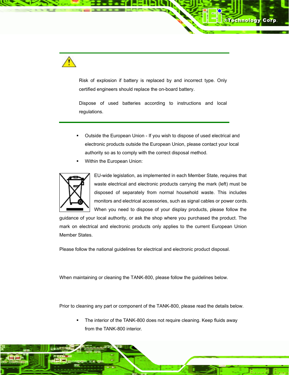 B.1.3 product disposal, B.2 maintenance and cleaning precautions, B.2.1 maintenance and cleaning | Aintenance and, Leaning, Recautions | IEI Integration TANK-800-D525 v1.00 User Manual | Page 111 / 116