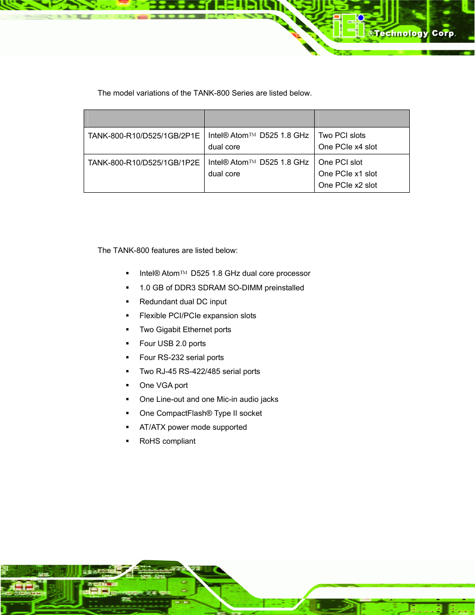 2 model variations, 3 features, Odel | Ariations, Eatures, Table 1-1: tank-800 model variations | IEI Integration TANK-800-D525 v1.00 User Manual | Page 13 / 116