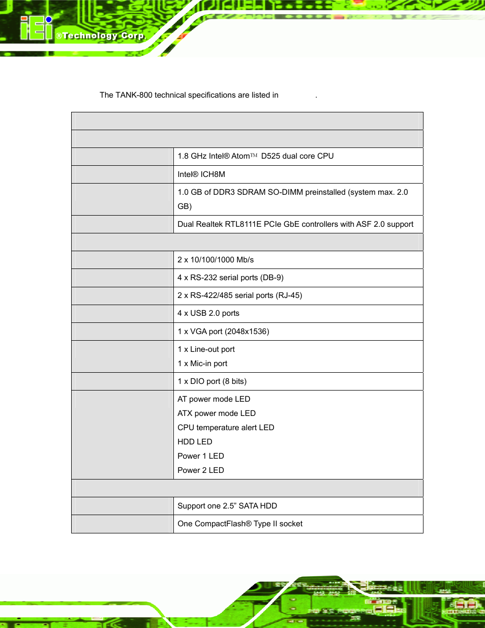 4 technical specifications, Echnical, Pecifications | IEI Integration TANK-800-D525 v1.00 User Manual | Page 14 / 116