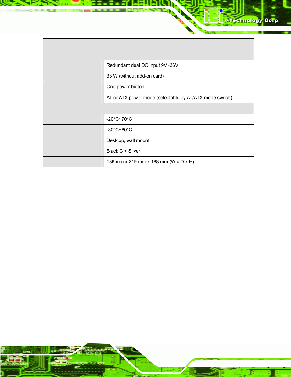 Table 1-2: technical specifications | IEI Integration TANK-800-D525 v1.00 User Manual | Page 15 / 116