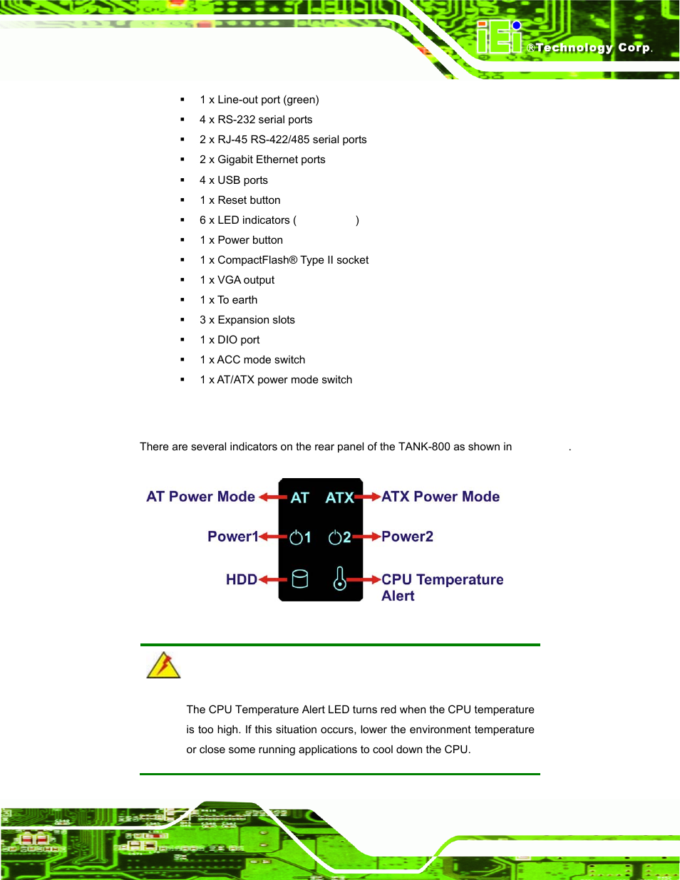 6 led indicators, Ndicators, Figure 1-3: tank-800 led indicators | IEI Integration TANK-800-D525 v1.00 User Manual | Page 17 / 116