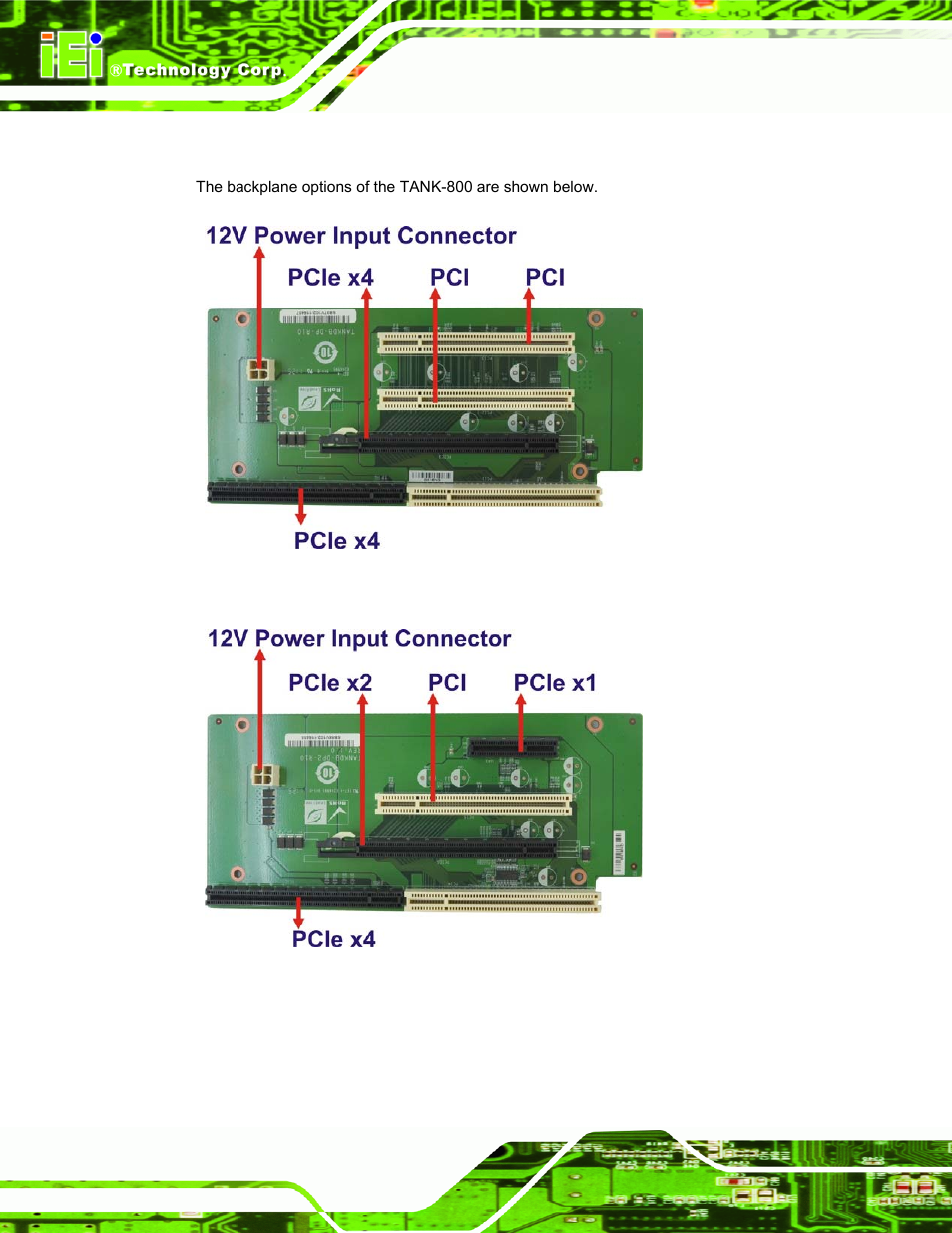 7 backplane options, Ackplane, Ptions | Figure 1-4: tank-800-r10/d525/1gb/2p1e backplane, Figure 1-5: tank-800-r10/d525/1gb/1p2e backplane | IEI Integration TANK-800-D525 v1.00 User Manual | Page 18 / 116