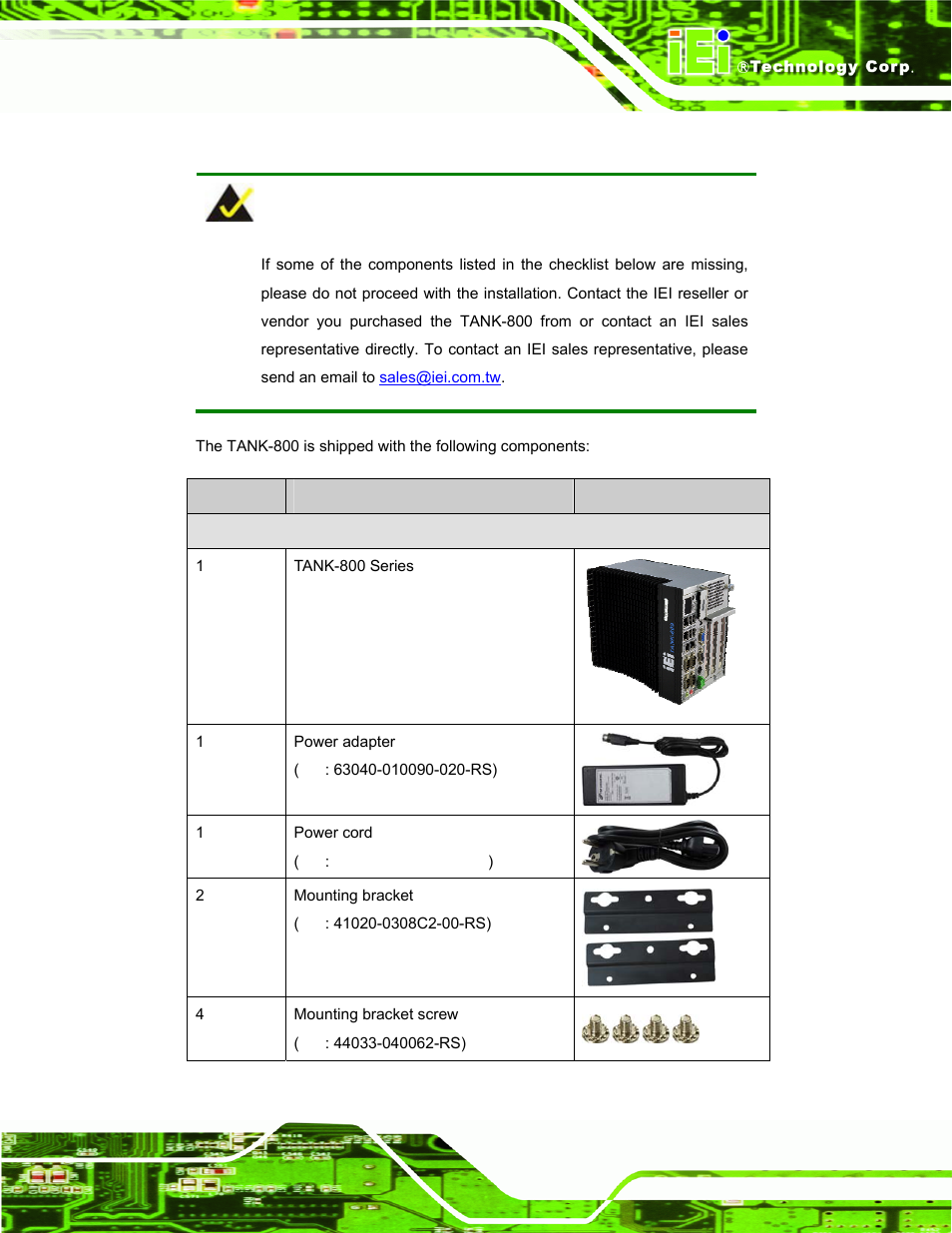 3 unpacking checklist, Npacking, Hecklist | IEI Integration TANK-800-D525 v1.00 User Manual | Page 23 / 116