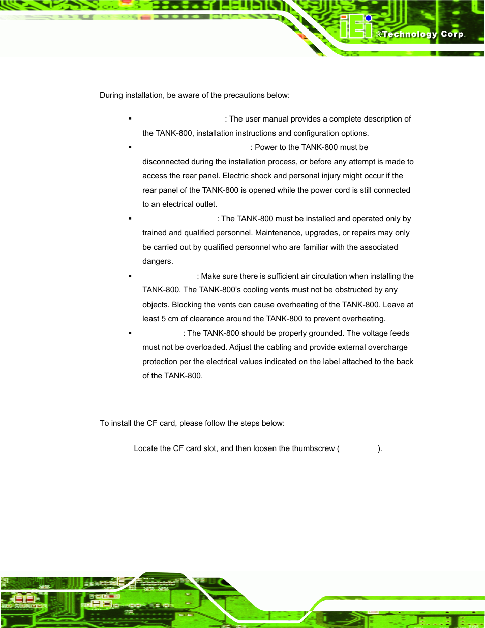 1 installation precautions, 2 cf card installation, Nstallation | Recautions | IEI Integration TANK-800-D525 v1.00 User Manual | Page 27 / 116