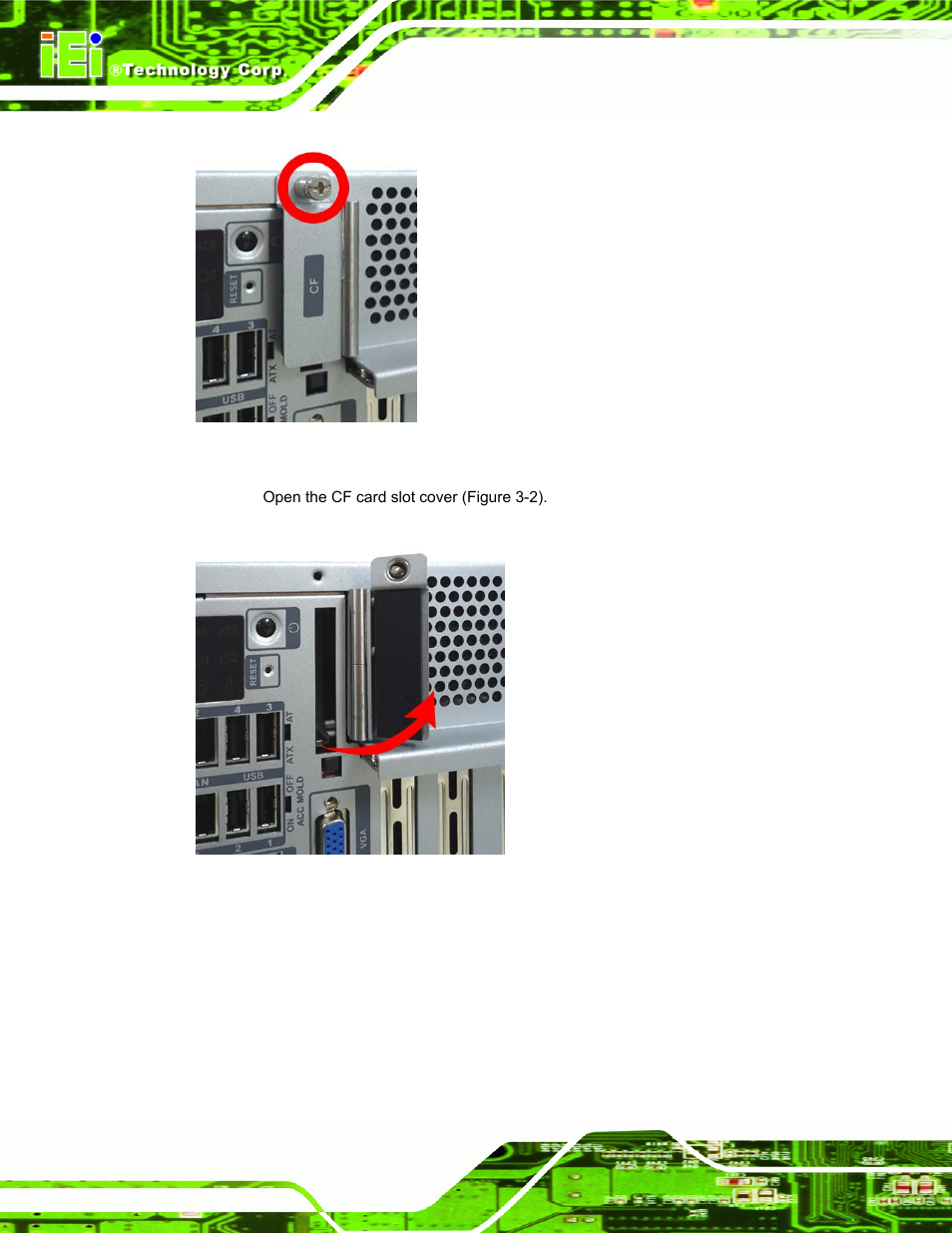 Figure 3-1: cf card slot, Figure 3-2: cf card slot cover | IEI Integration TANK-800-D525 v1.00 User Manual | Page 28 / 116