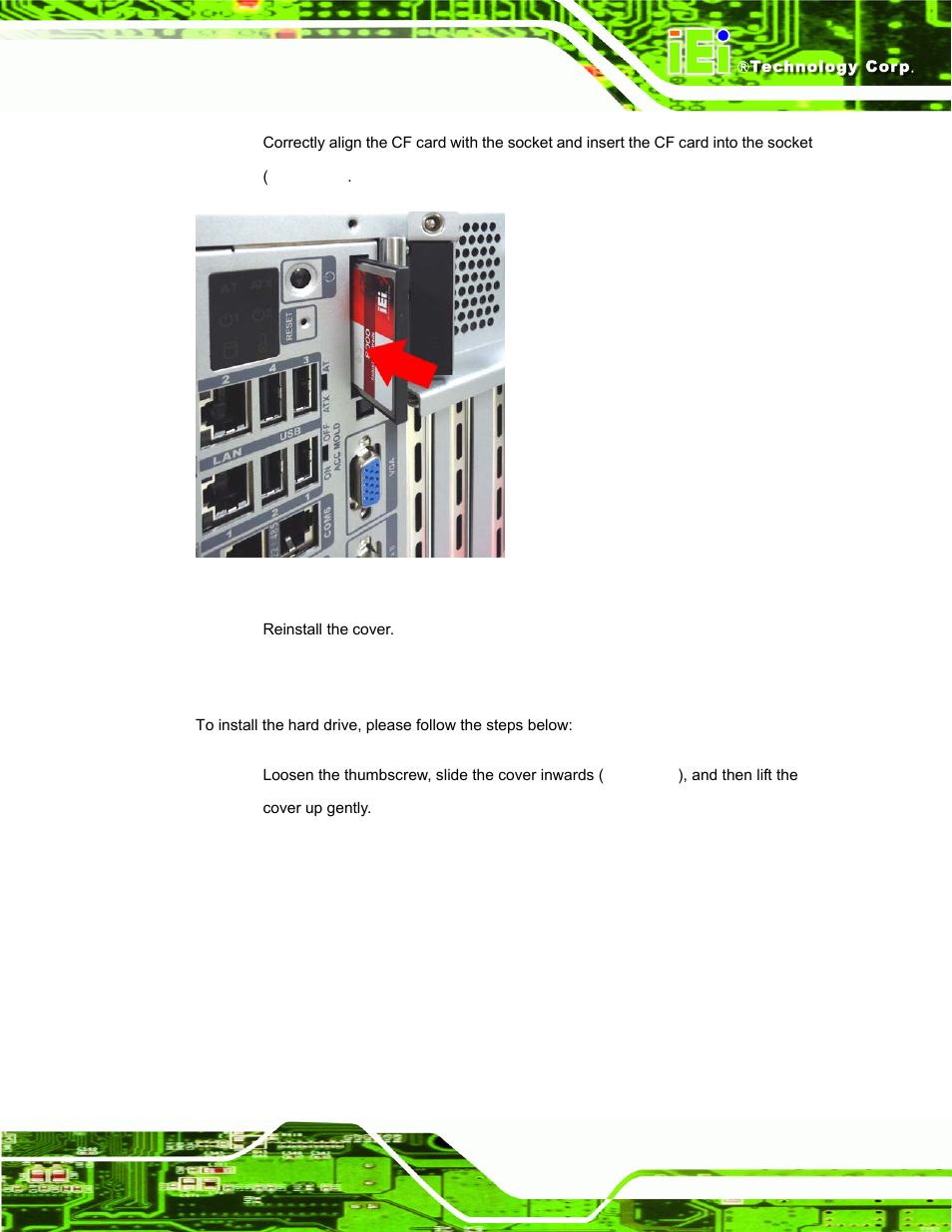 3 hard disk drive (hdd) installation, Rive, Hdd) | Nstallation, Figure 3-3: cf card installation | IEI Integration TANK-800-D525 v1.00 User Manual | Page 29 / 116