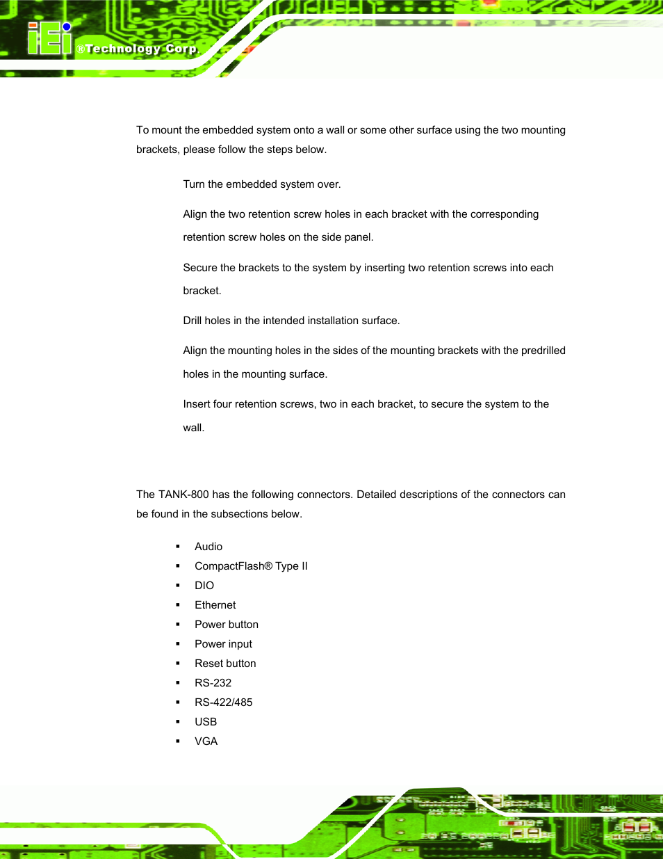 6 mounting the system with mounting brackets, 7 external peripheral interface connectors, Ounting the | Ystem with, Ounting, Rackets, Xternal, Eripheral, Nterface, Onnectors | IEI Integration TANK-800-D525 v1.00 User Manual | Page 34 / 116