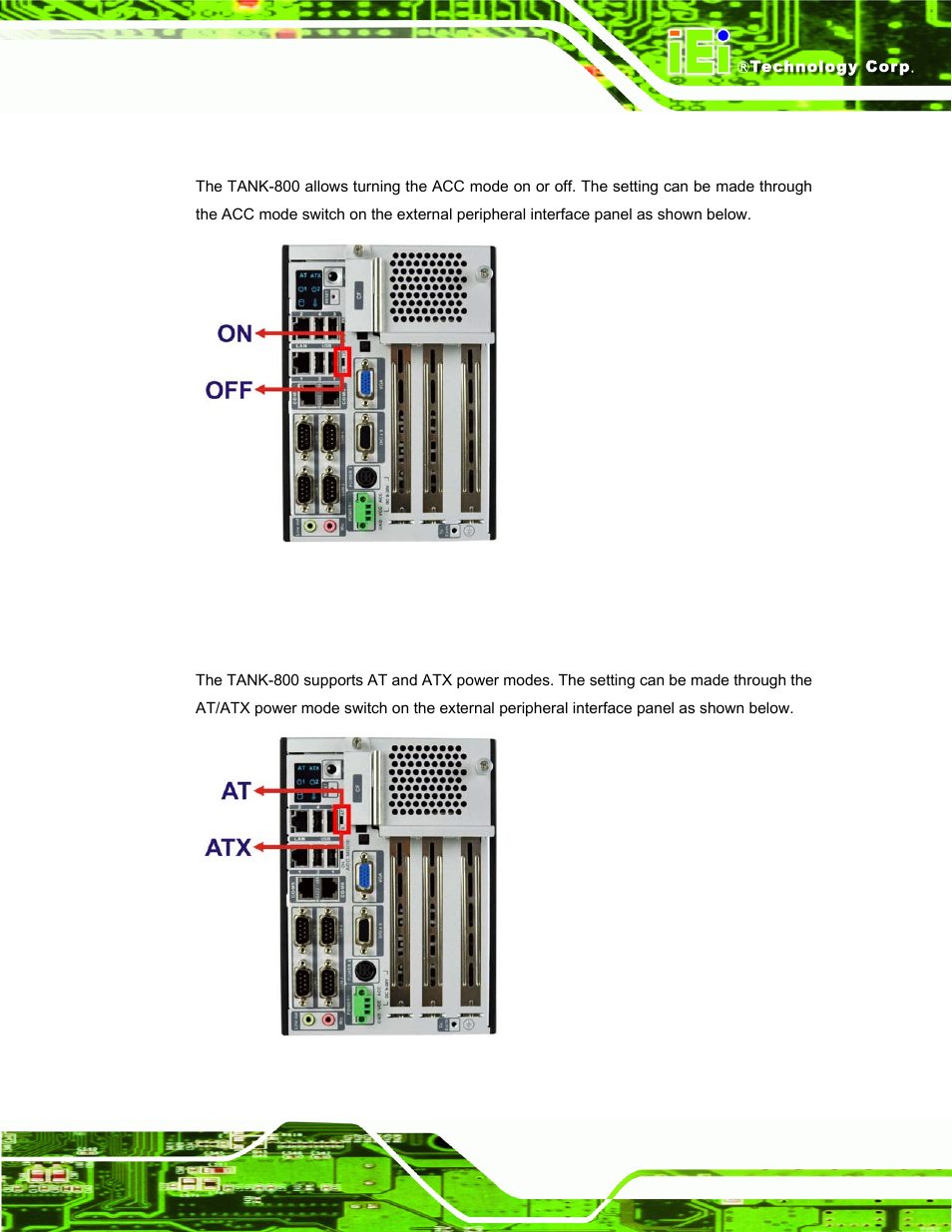 1 acc mode selection, 2 at/atx power mode selection, Figure 3-10: acc mode switch | Figure 3-11: at/atx power mode switch | IEI Integration TANK-800-D525 v1.00 User Manual | Page 35 / 116