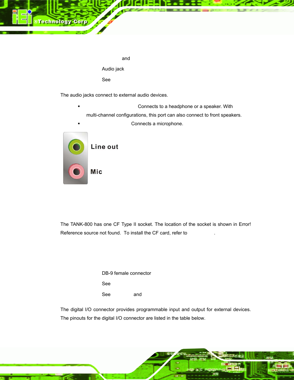 3 audio connector, 4 compactflash® type ii, 5 digital input/output connector | Figure 3-12: audio connector | IEI Integration TANK-800-D525 v1.00 User Manual | Page 36 / 116