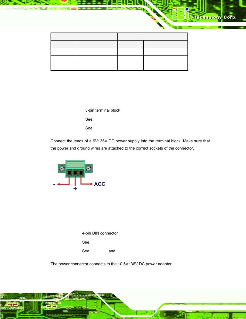 7 power input, 3-pin terminal block, 8 power input, 4-pin din connector, Figure 3-16: 3-pin terminal block pinout location | Table 3-3: rj-45 ethernet connector leds | IEI Integration TANK-800-D525 v1.00 User Manual | Page 39 / 116