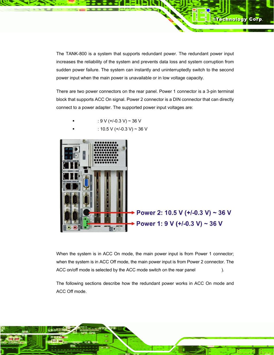 9 redundant power, Edundant, Ower | Figure 3-26: power connectors | IEI Integration TANK-800-D525 v1.00 User Manual | Page 47 / 116