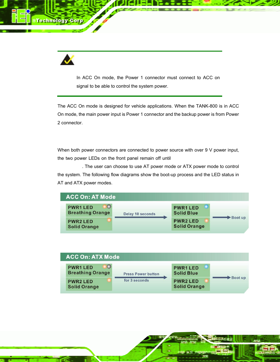 1 acc on, 1 boot-up, Figure 3-27: acc on: at mode | Figure 3-28: acc on: atx mode | IEI Integration TANK-800-D525 v1.00 User Manual | Page 48 / 116