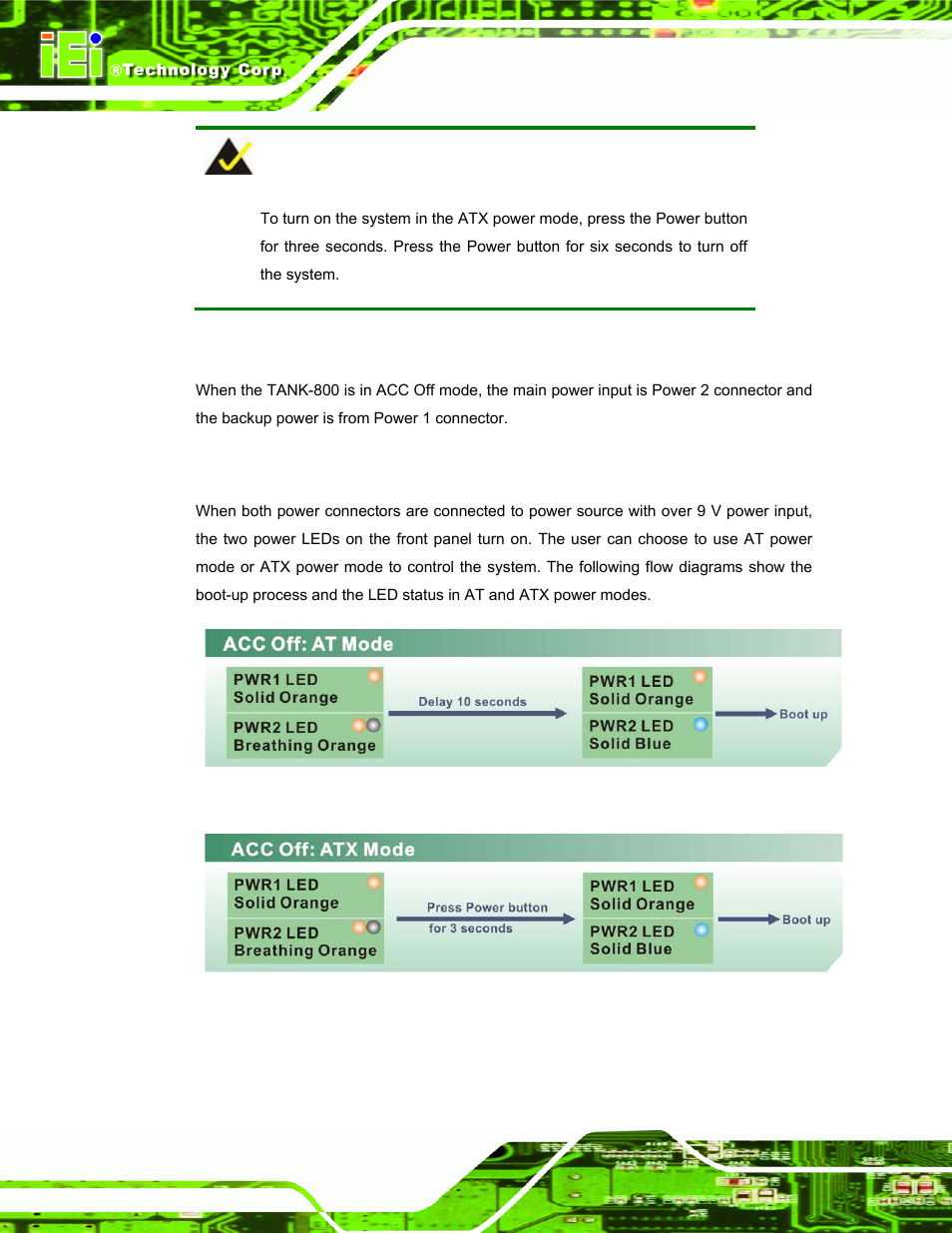 2 acc off, 1 boot-up, Figure 3-31: acc off: at mode | Figure 3-32: acc off: atx mode | IEI Integration TANK-800-D525 v1.00 User Manual | Page 50 / 116