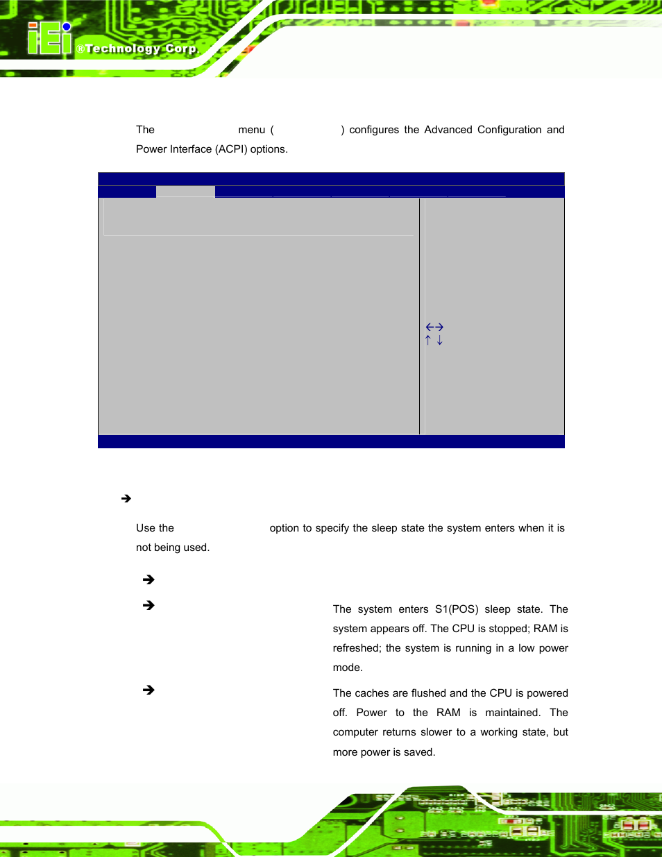 1 acpi settings | IEI Integration TANK-800-D525 v1.00 User Manual | Page 58 / 116