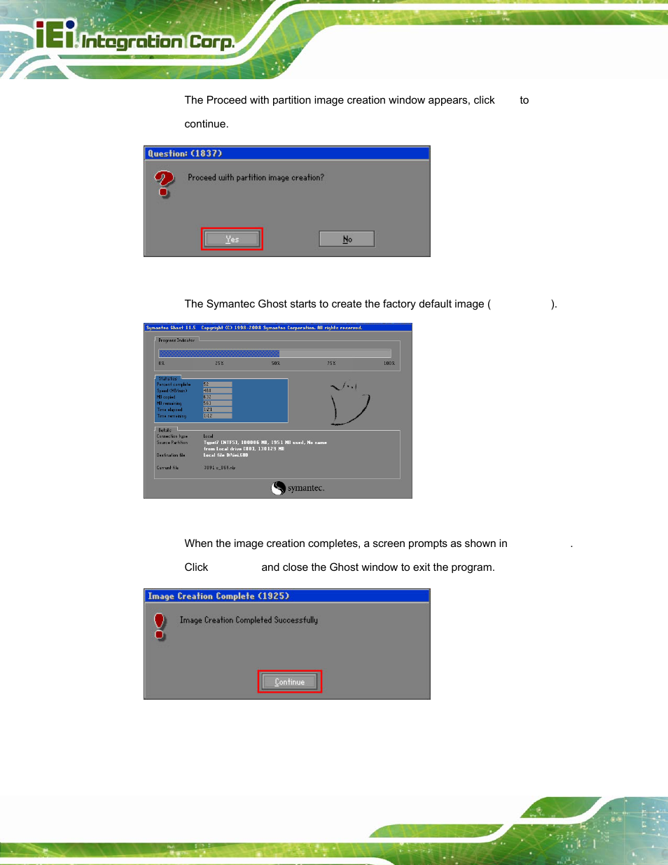 Figure a-18: image creation confirmation, Figure a-19: image creation process, Figure a-20: image creation complete | IEI Integration TANK-800-D525 v1.14 User Manual | Page 104 / 137