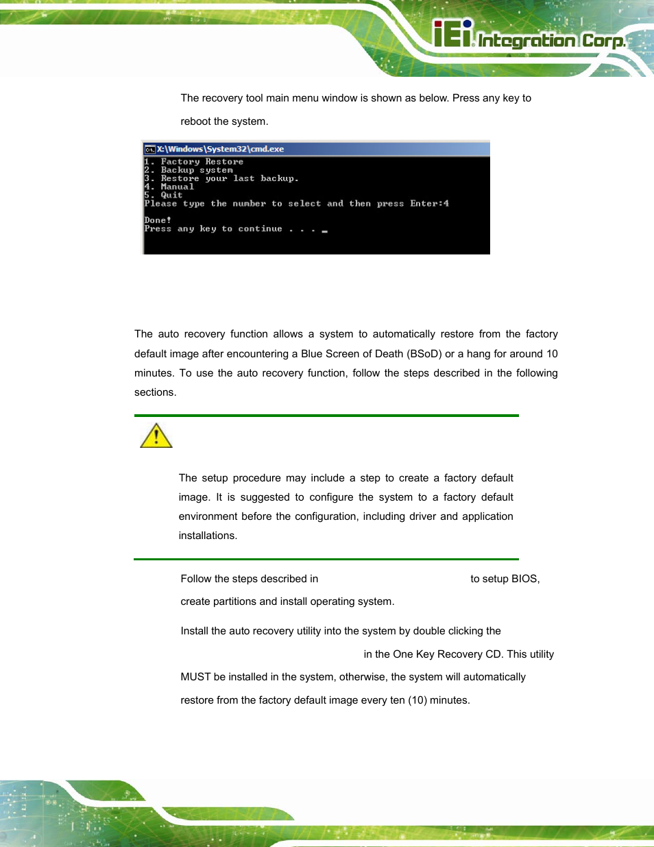 A.3 auto recovery setup procedure, Ecovery, Etup | Rocedure, Figure a-21: press any key to continue, A.3 for the detailed setu | IEI Integration TANK-800-D525 v1.14 User Manual | Page 105 / 137