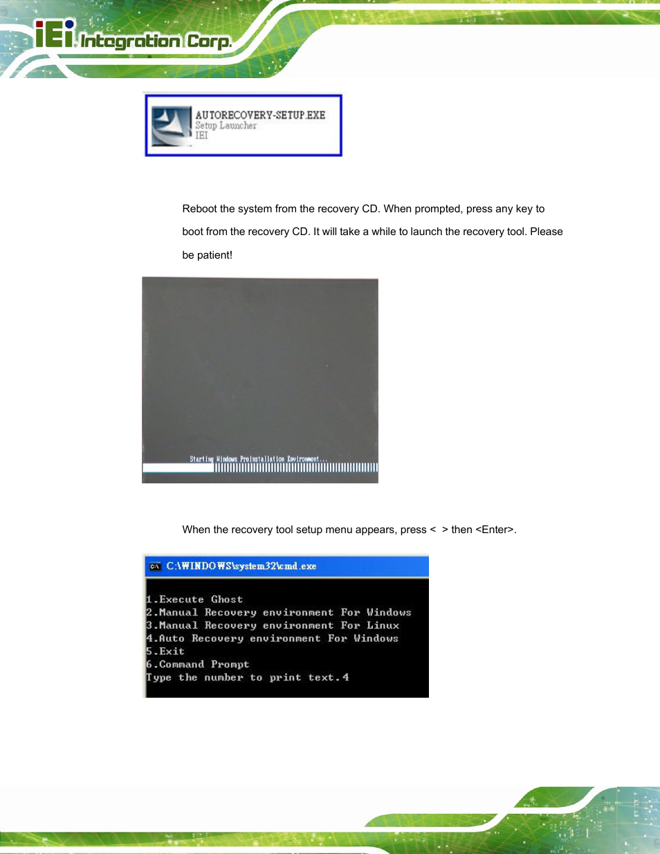 Figure a-22: auto recovery utility, Figure a-23: launching the recovery tool, Figure a-24: auto recovery environment for windows | IEI Integration TANK-800-D525 v1.14 User Manual | Page 106 / 137