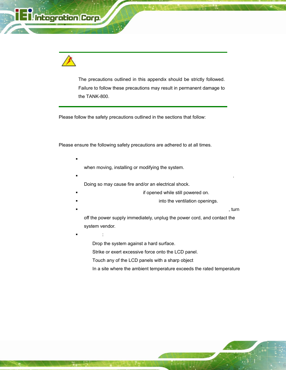 B.1 safety precautions, B.1.1 general safety precautions, Afety | Recautions | IEI Integration TANK-800-D525 v1.14 User Manual | Page 130 / 137