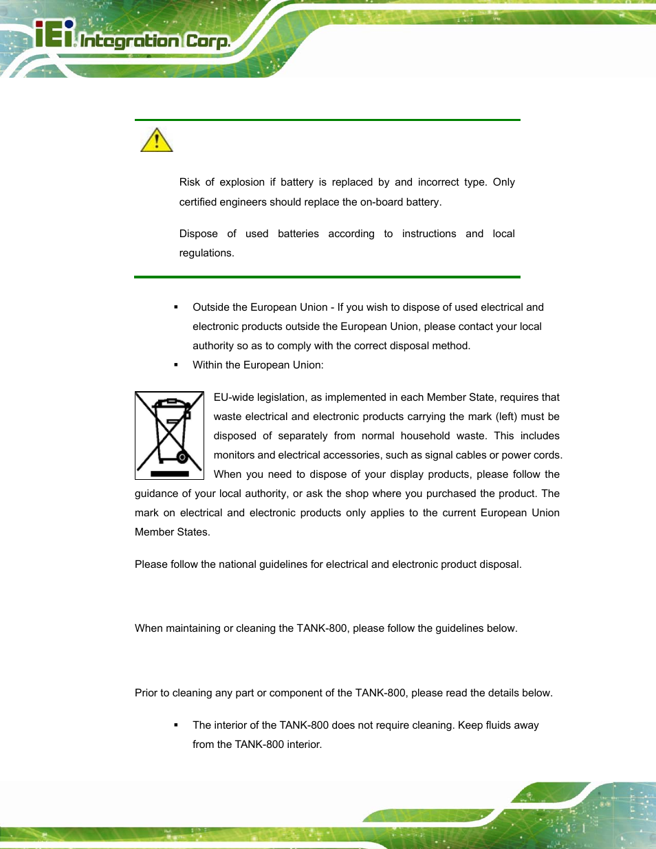 B.1.3 product disposal, B.2 maintenance and cleaning precautions, B.2.1 maintenance and cleaning | Aintenance and, Leaning, Recautions | IEI Integration TANK-800-D525 v1.14 User Manual | Page 132 / 137