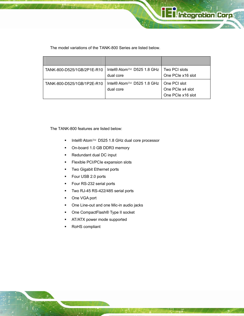 2 model variations, 3 features, Odel | Ariations, Eatures, Table 1-1: tank-800 model variations | IEI Integration TANK-800-D525 v1.14 User Manual | Page 15 / 137