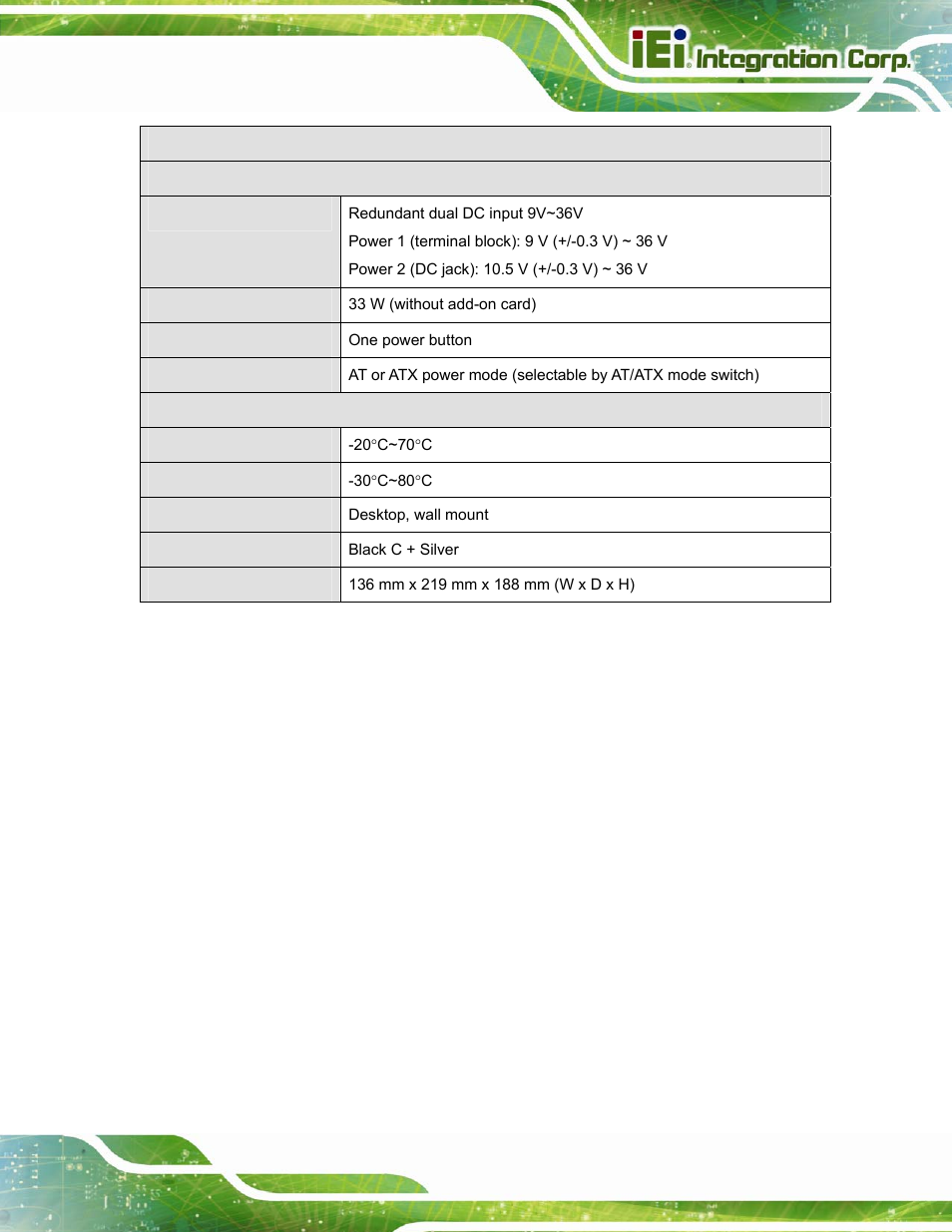 Table 1-2: technical specifications | IEI Integration TANK-800-D525 v1.14 User Manual | Page 17 / 137