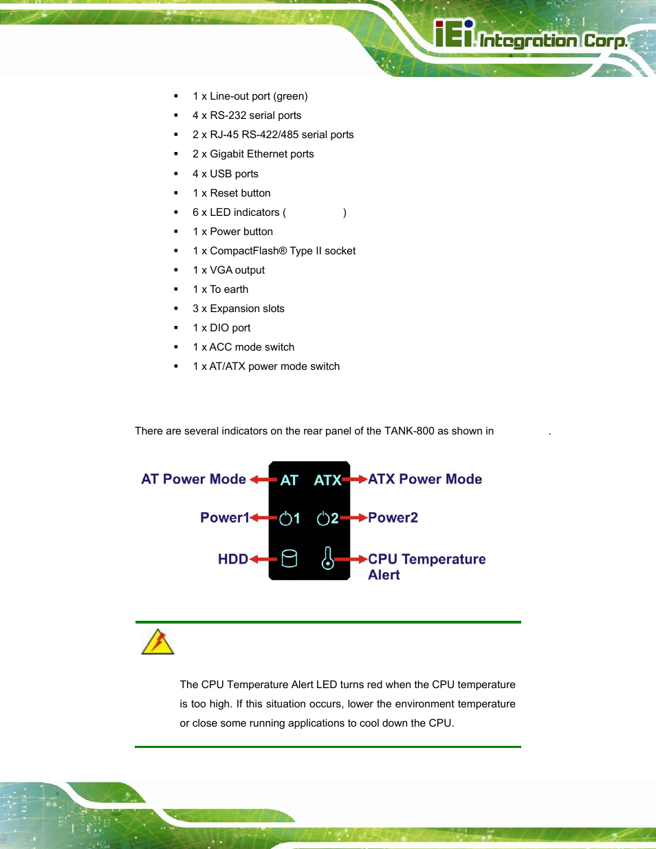 6 led indicators, Ndicators, Figure 1-3: tank-800 led indicators | IEI Integration TANK-800-D525 v1.14 User Manual | Page 19 / 137