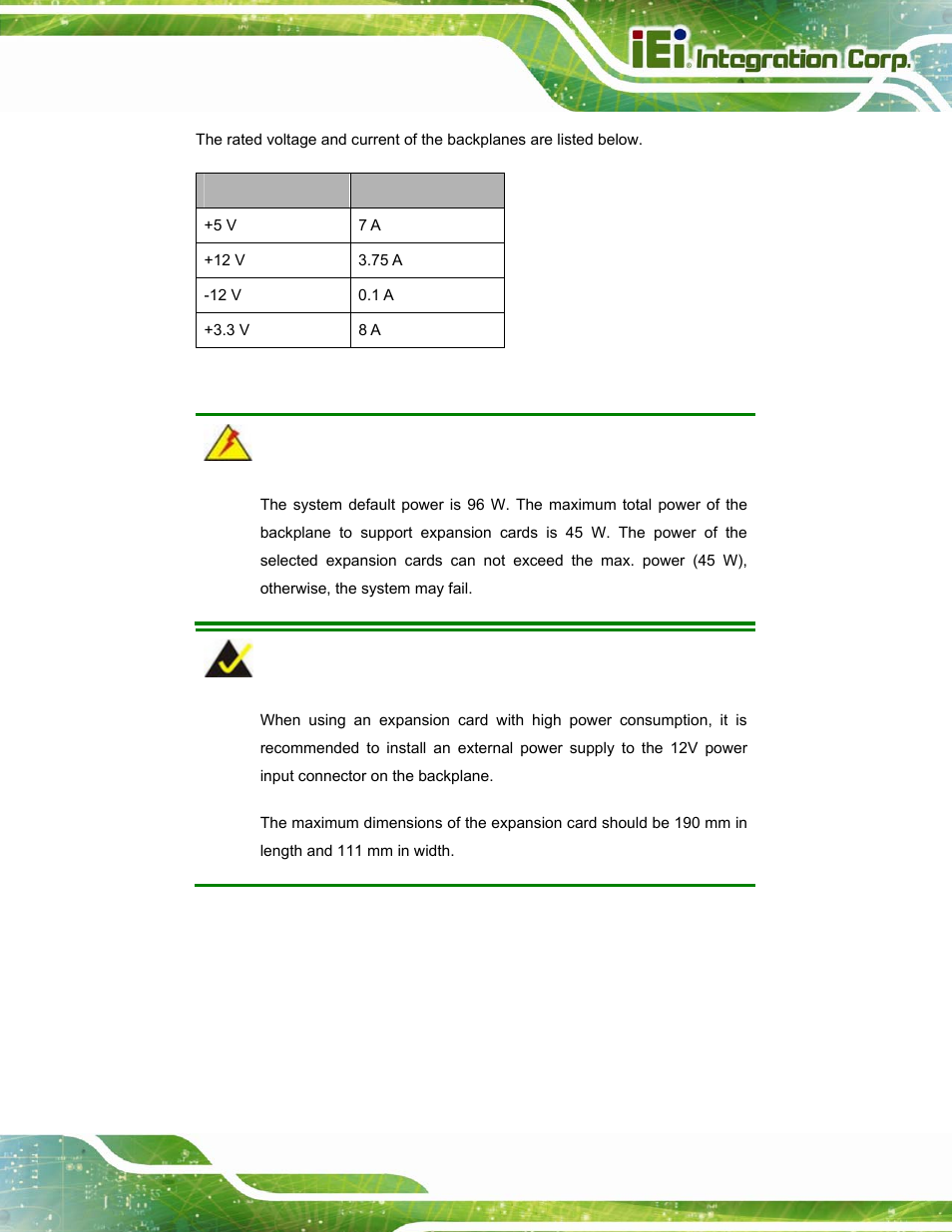 Table 1-4: rated voltage and current | IEI Integration TANK-800-D525 v1.14 User Manual | Page 21 / 137