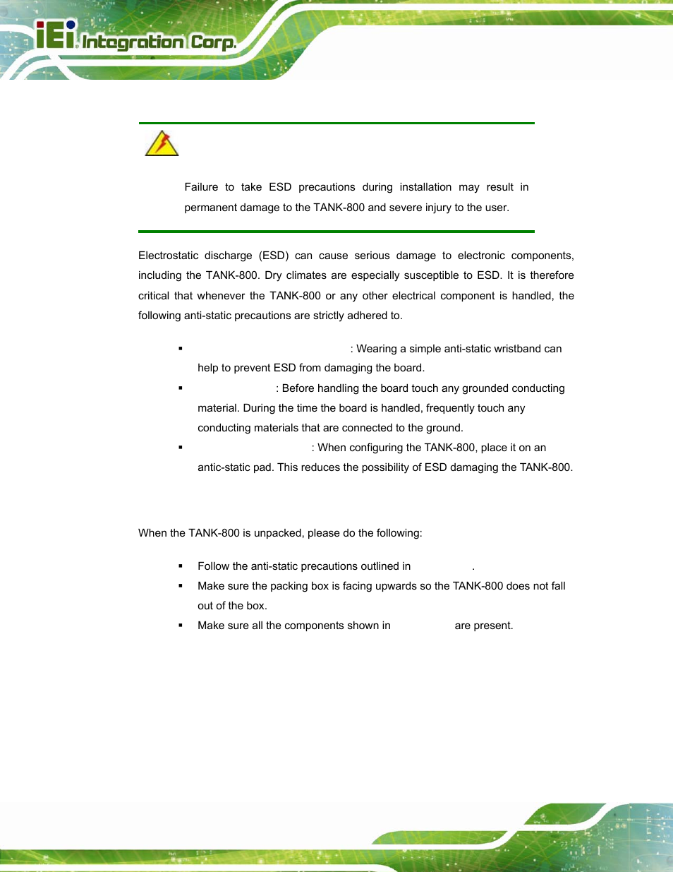 1 anti-static precautions, 2 unpacking precautions, Static | Recautions, Npacking | IEI Integration TANK-800-D525 v1.14 User Manual | Page 24 / 137