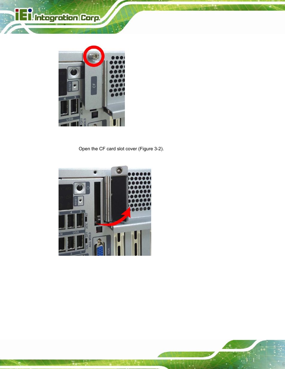 Figure 3-1: cf card slot, Figure 3-2: cf card slot cover | IEI Integration TANK-800-D525 v1.14 User Manual | Page 30 / 137