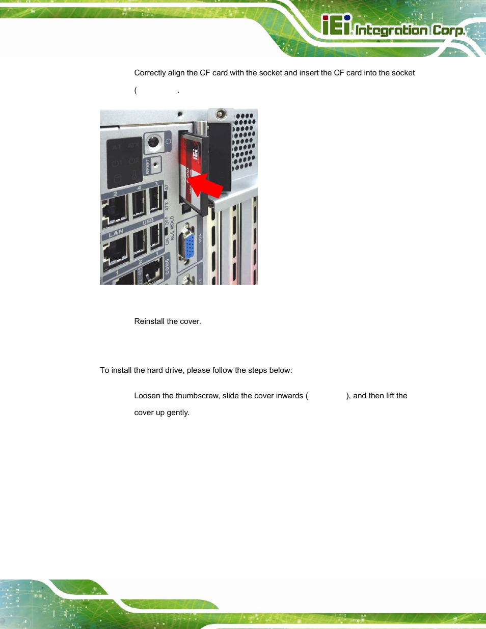 3 hard disk drive (hdd) installation, Rive, Hdd) | Nstallation, Figure 3-3: cf card installation | IEI Integration TANK-800-D525 v1.14 User Manual | Page 31 / 137