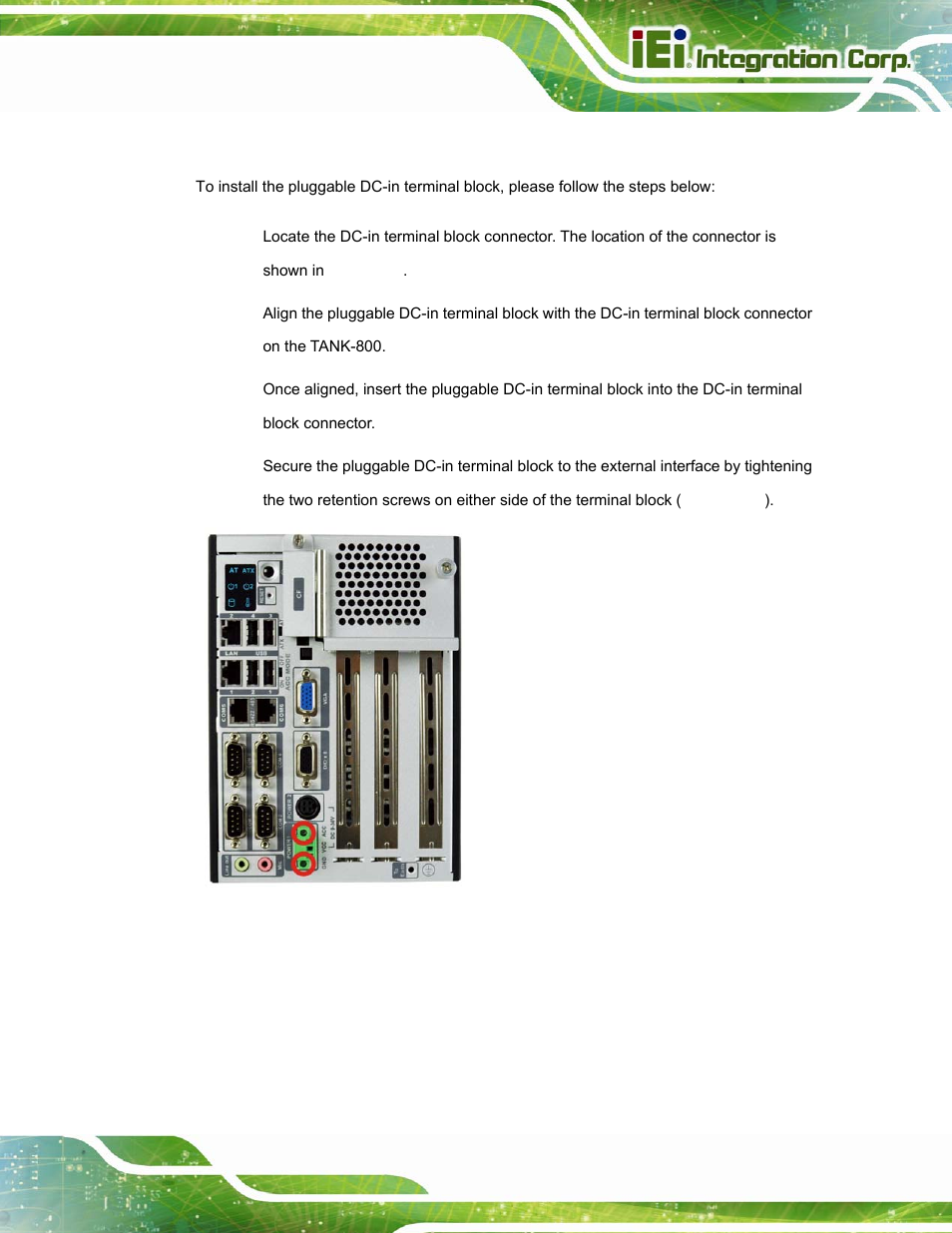 5 pluggable dc-in terminal block installation, Luggable, Dc-i | Erminal, Lock, Nstallation | IEI Integration TANK-800-D525 v1.14 User Manual | Page 37 / 137