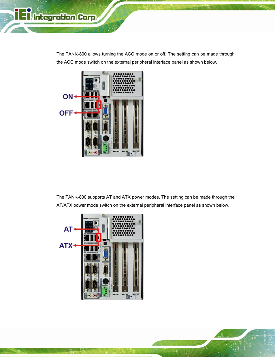 1 acc mode selection, 2 at/atx power mode selection, Figure 3-15: acc mode switch | Figure 3-16: at/atx power mode switch | IEI Integration TANK-800-D525 v1.14 User Manual | Page 40 / 137