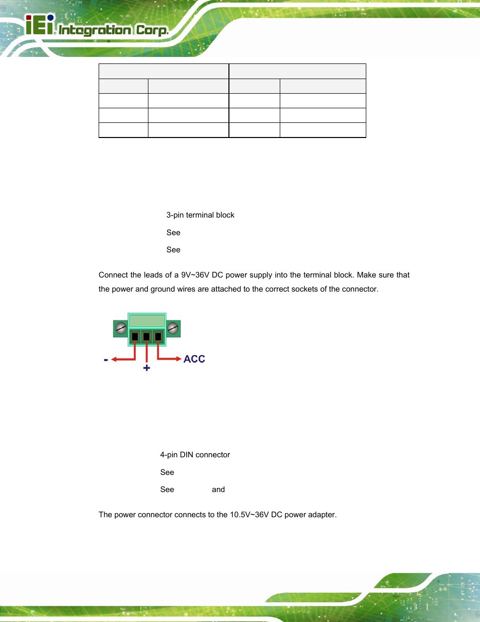 7 power input, 3-pin terminal block, 8 power input, 4-pin din connector, Figure 3-21: 3-pin terminal block pinout location | Table 3-3: rj-45 ethernet connector leds | IEI Integration TANK-800-D525 v1.14 User Manual | Page 44 / 137